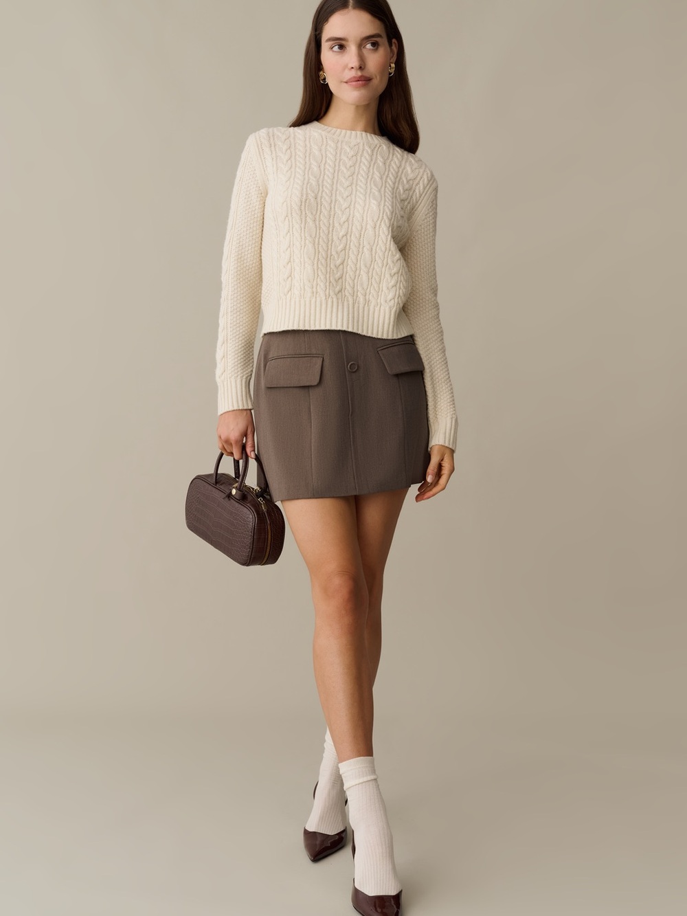 Kourt Koko Taupe/Gray/Brown Button-Front Mini Skirt with Flap Pockets - Picture 5 of 10
